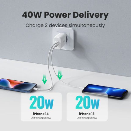 UGREEN 40W dual USB‑C fast charging wall adapter with 2 ports